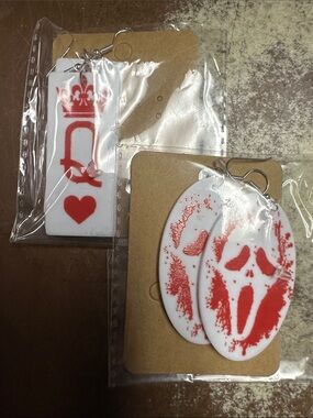 White and Red Graphic Earrings - Ghost Face & Crown Heart Designs